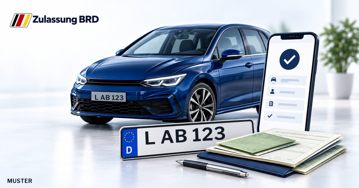 Online Fahrzeugzulassung in Markkleeberg: Musterkennzeichen L AB 123, Auto und Fahrzeugpapiere und Smartphone. Illustration mit Logo von Zulassung BRD.